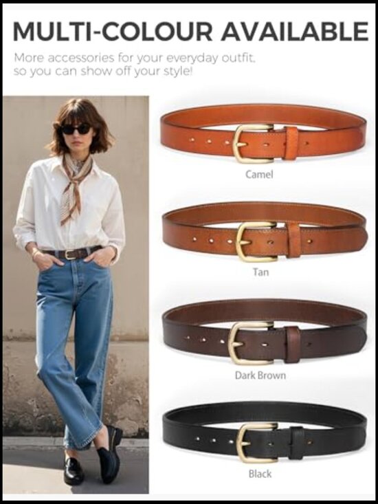 Womens Leather Belt with Gold Buckle for Jeans Pants